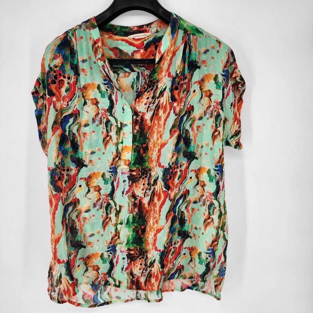 Soft Surrounding Womens Size Medium Multicolor Short Sleeve Tunic Sheer Blouse‎